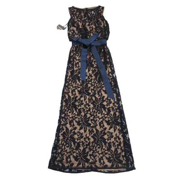 NWT TADASHI SHOJI Embroidered Lace Blouson Gown in Navy Nude Maxi Dress 4 - Picture 2 of 10